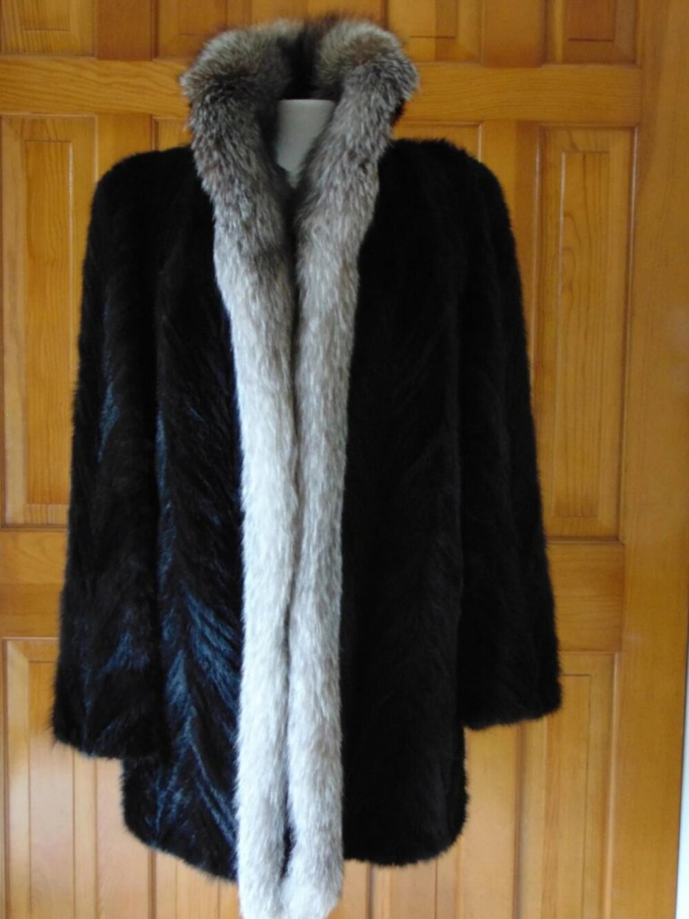 Vintage Black Mink Fur Stroller Coat: Indigo Fox Tuxedo Trim